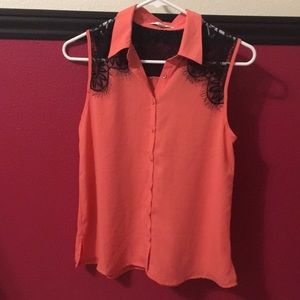 Pink collared shirt with black lace